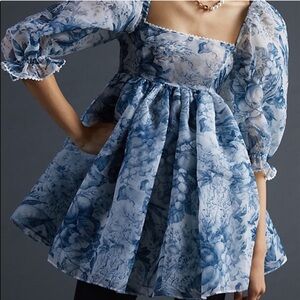 Selkie Toille Puff Sleeve Mini Blue Dress Size Small